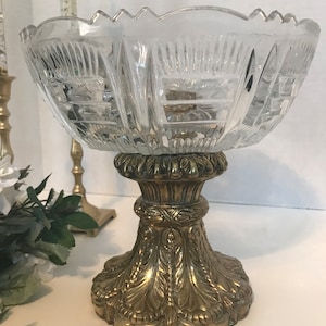 Vintage crystal bowl, Hollywood Regency cut crystal glass compote bowl on brass ornate pedestal, crystal large footed bowl, Glass brass bowl