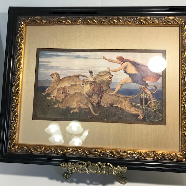Vintage Hollywood Regency style art, Vintage lion art, Vintage Phoebus Apollo print framed in black gold ornate frame 17x14"