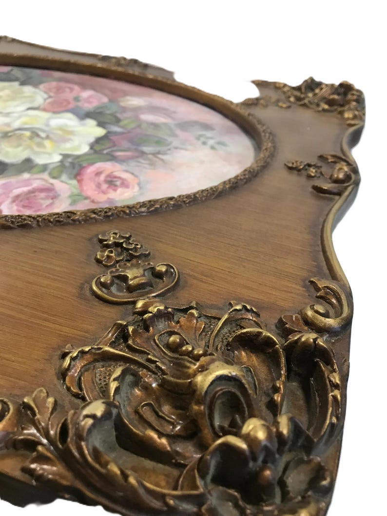 Vintage Gloria Curtis floral still life in ornate carved wood frame 22x26 signed original oil painting on canvas, original floral painting image 10