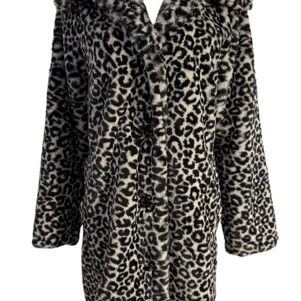 Płaszcz Ann Taylor ze sztucznego futra z nadrukiem w panterkę, rozmiar S Petite – czarno-biały, wyrazisty, w całości podszyty satynowym wnętrzem