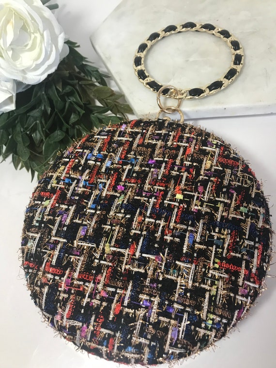 Tweed round hardcase purse, tweed circle box style