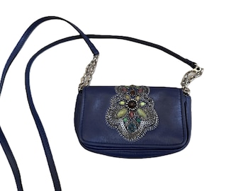 Vintage Brighton Blau Leder Jeweled Petite Crossbody Geldbörse