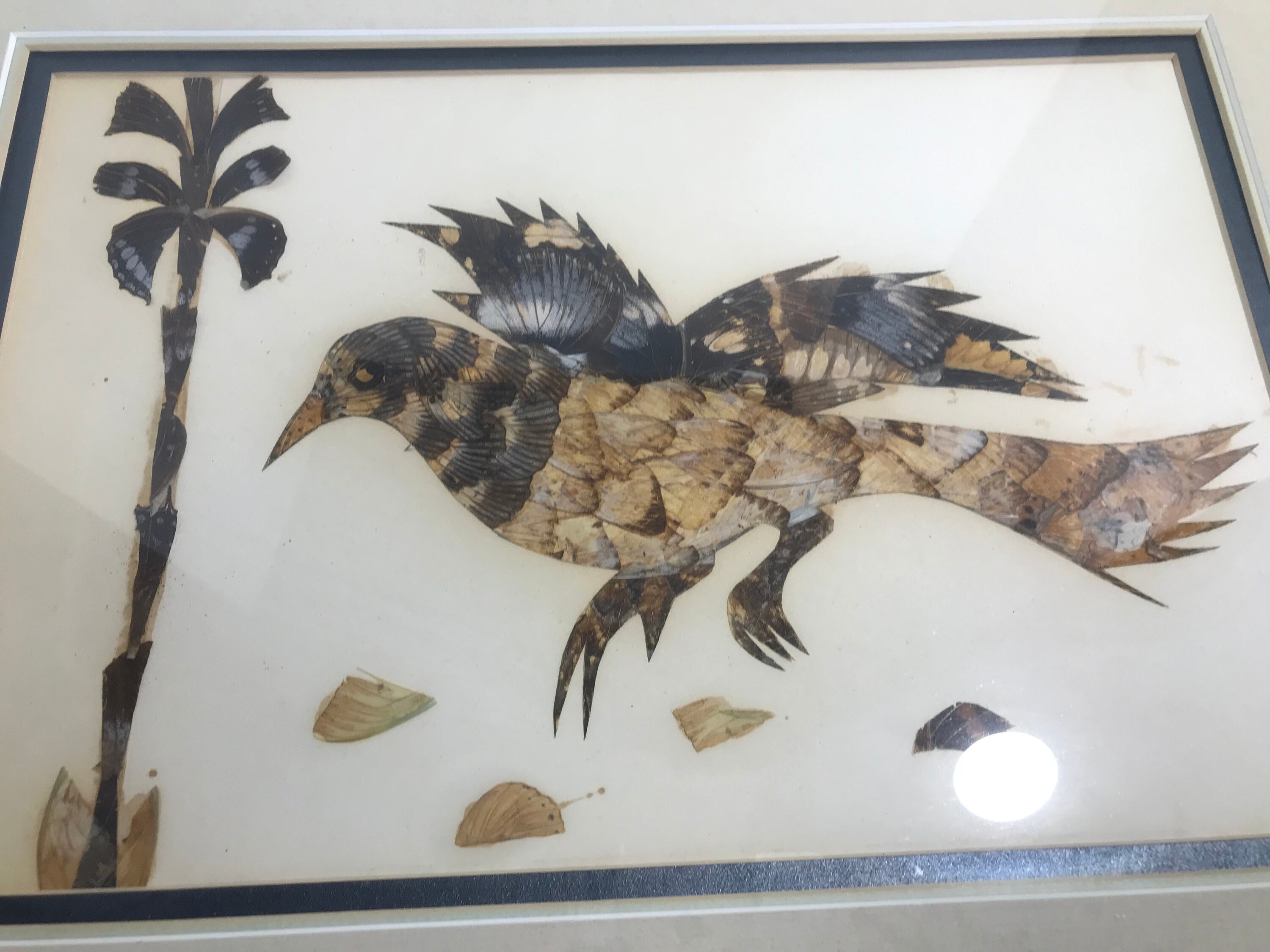 ヴィンテージミッドセンチュリーの蝶の羽のコラージュアート、鳥とヤシ