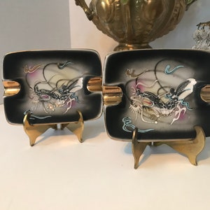 Vintage Japanese dragonware, Vtg Japan dragon ware ashtray, Vtg. dragonware trinket dish, Hollywood Regency black gold trinket dish