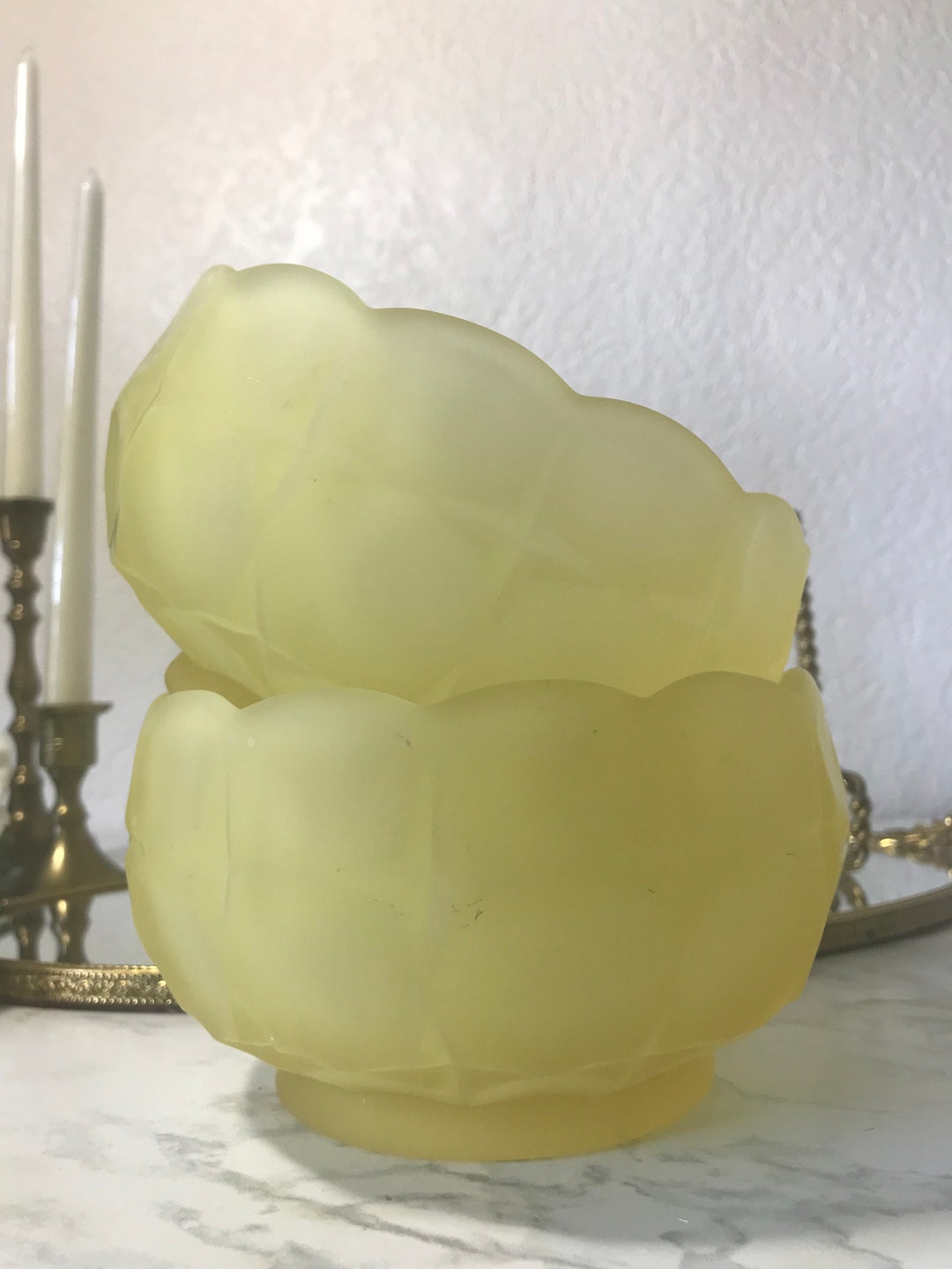 Vintage Pale Yellow Satin Glass Scalloped Edge Bowl, Candy Dish