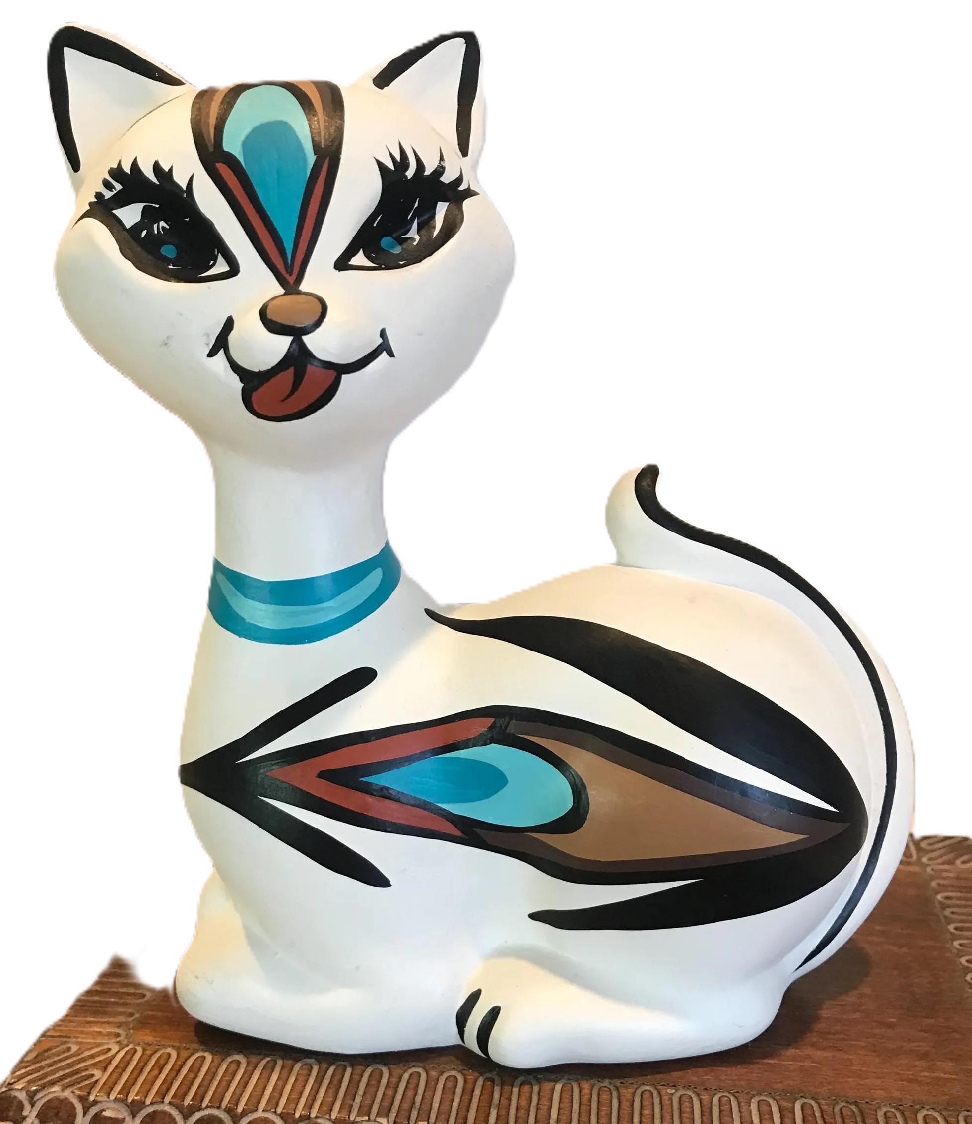 ヴィンテージ ネイティブアメリカンスタイル 手描き陶器猫、サイン入り
