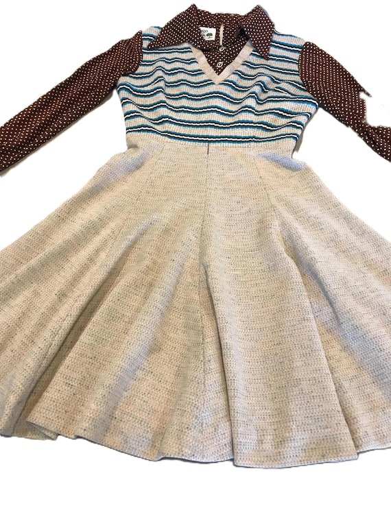 Vintage 70s knit shirt dress, Junior Size 7, Vintage knit polyester blend dress with stripe vest and polka collar and sleeves, 70s dress Vintage 70s knit shirt dress, Junior Size 7, Vintage knit polyester blend dress with stripe vest and polka collar and sleeves, 70s dress