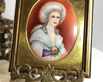Antique French hand painted portrait miniature, artist signed, Vintage petite cameo style French portrait art in embossed brass frame
