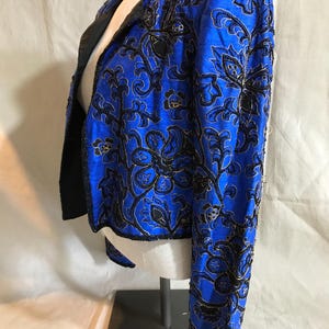 Vintage 80s sequin beaded cropped jacket, vibrant Niteline beaded evening jacket, blue embellished jacket, 80s blue and black beaded jacket