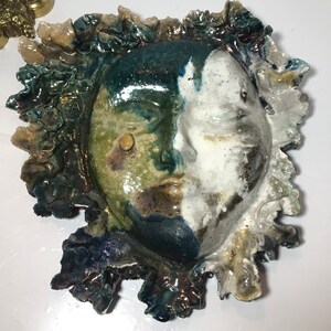 Vintage ceramic face sculpture wall hanging, 3-dimensional studio pottery face wall art, signed, ceramic glazed unique sculpture wall art