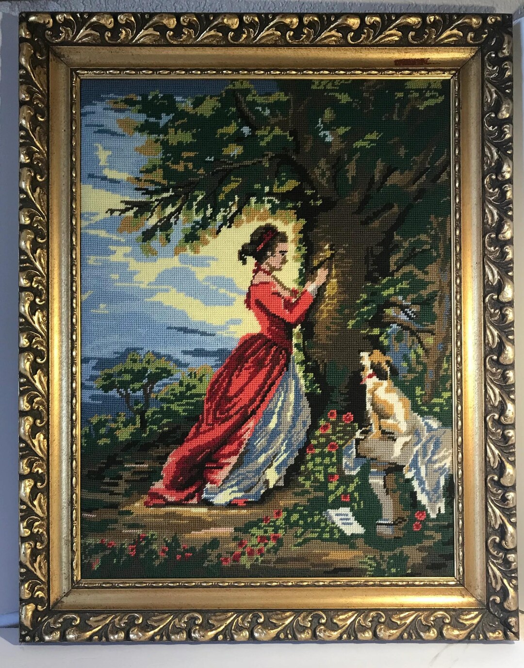 Vintage Yarn Art Framed Large 28x22 Gold Ornate Framed Needlepoint