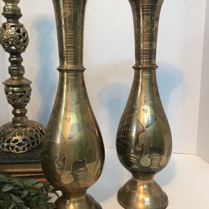 Vintage tall brass engraved vase, Vintage 13&quot; brass fluted vase, Brass elephant vase, Brass boho vase, large gold vase, Brass unique vase