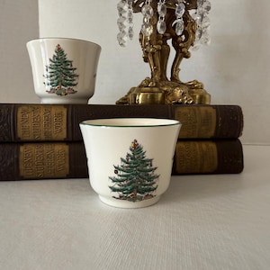Vintage Spode Christmas Tree Dish, Spode porcelain large egg cups, Classic Green Rim Holiday China, Spode England