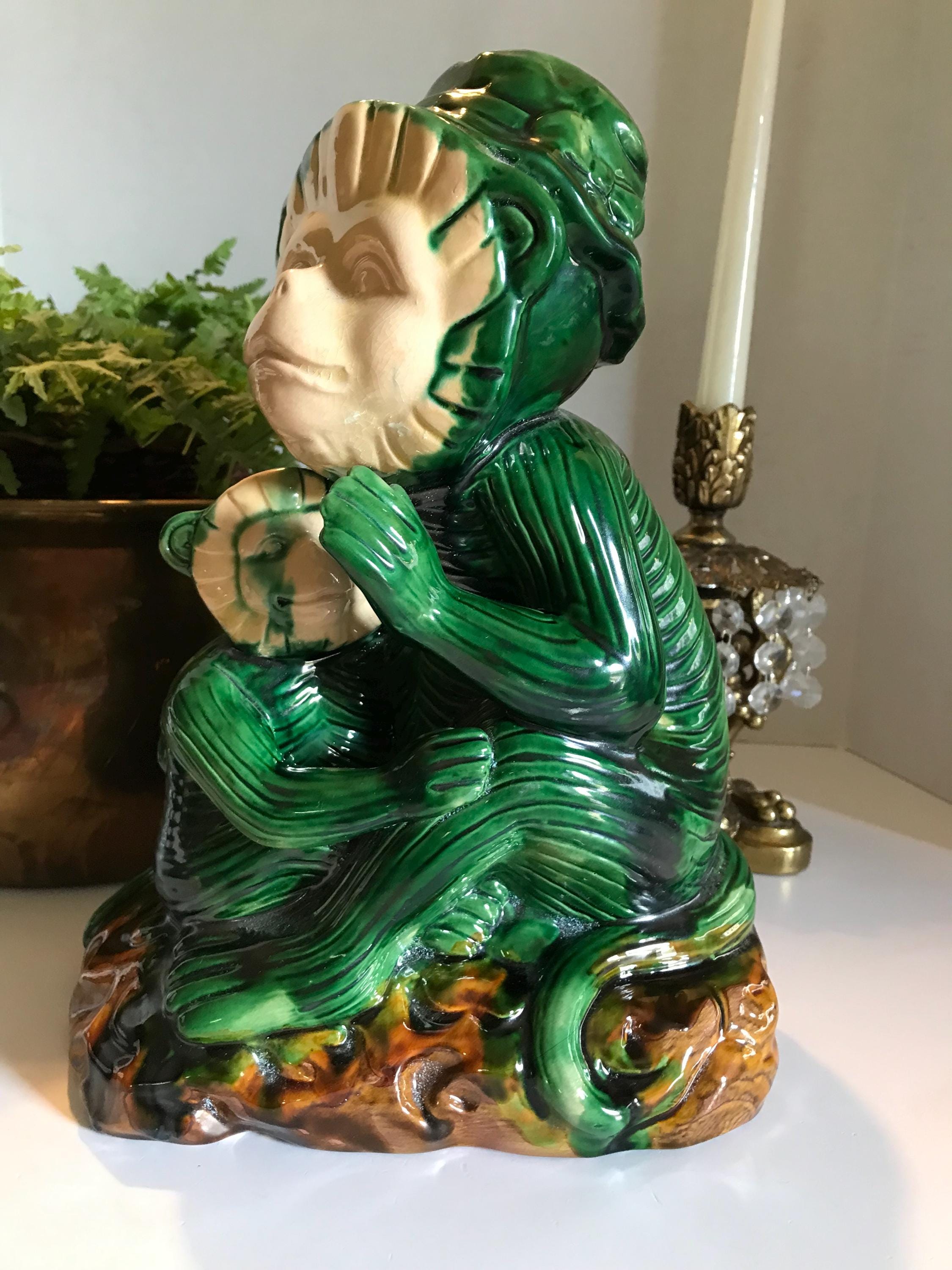 Vintage Green Majolica Monkey Statue, Vintage Glazed Ceramic Green