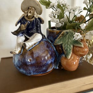 Vintage Mudmen Style Majolica Planter, Ceramic Asian Figurine Vase, Chinese Fisherman Planter, Figural Pottery Cachepot