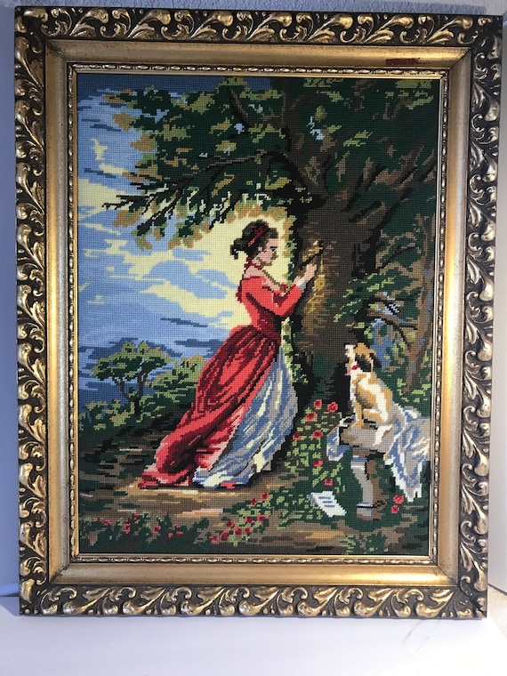 Vintage Yarn Art Framed Large 28x22 Gold Ornate Framed Needlepoint