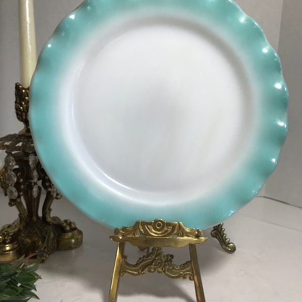 Vintage 1940s milk glass ruffle 9" plate, Vintage white and turquoise blue waved edge glass plate, vtg blue and white scalloped edge plate