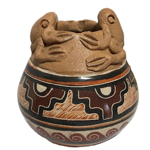 Vintage handbemalte rote Ton Frosch Vase, signiert größer El Pelón Quetzaltenango Guatemala, Frosch Keramik im indianischen Stil, Volkskunst Vase