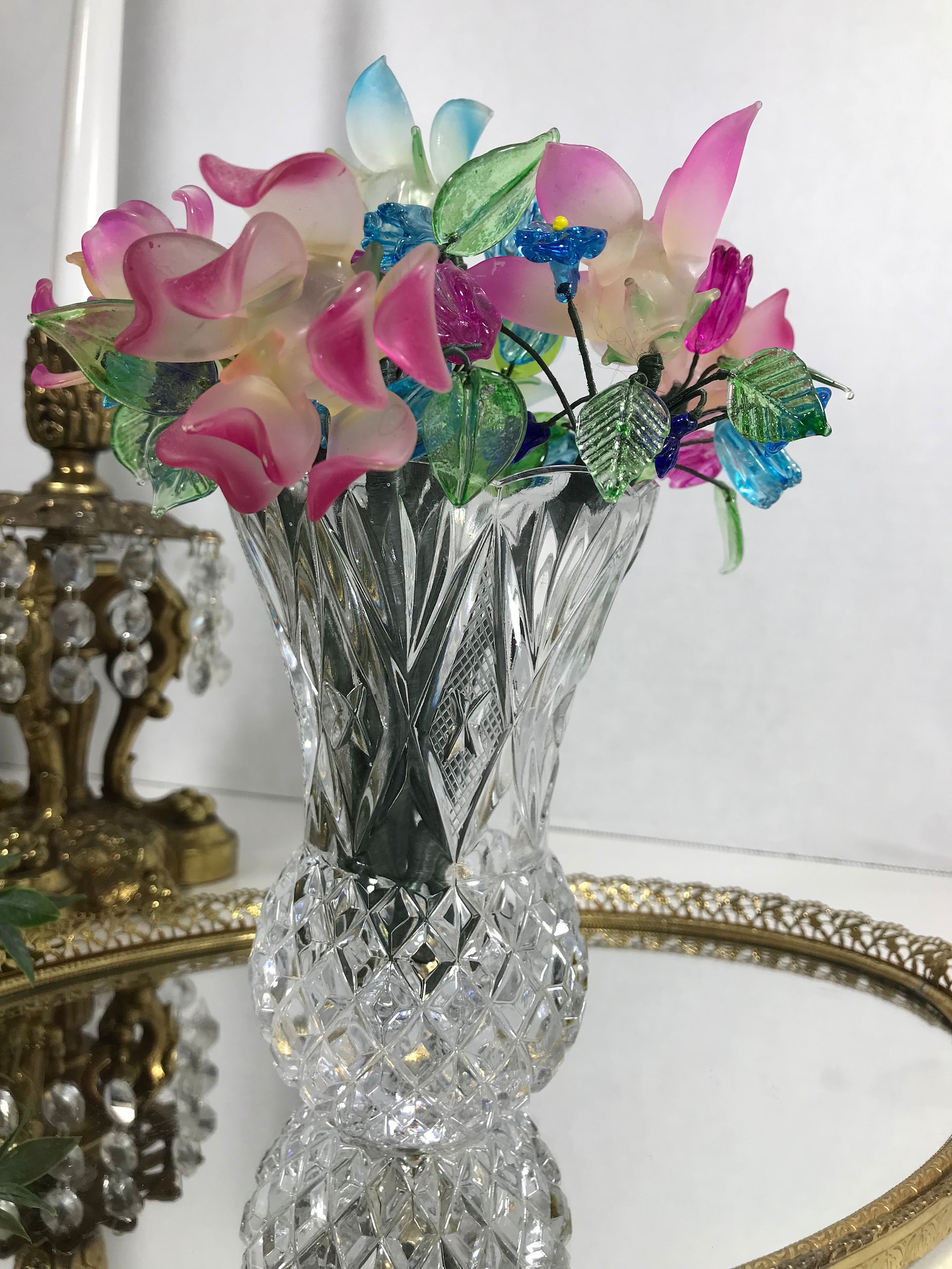 Vintage Glass Flowers in Crystal Vase, Elegant Crystal Vase Filled With ...