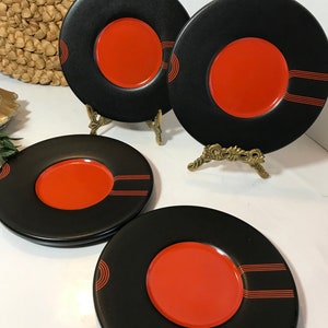 Vintage Ikea plates, vtg black and red graphic Ikea 7&quot; plates, Ikea black matte post modern style ceramic plates, set of 4, Ikea retro plate