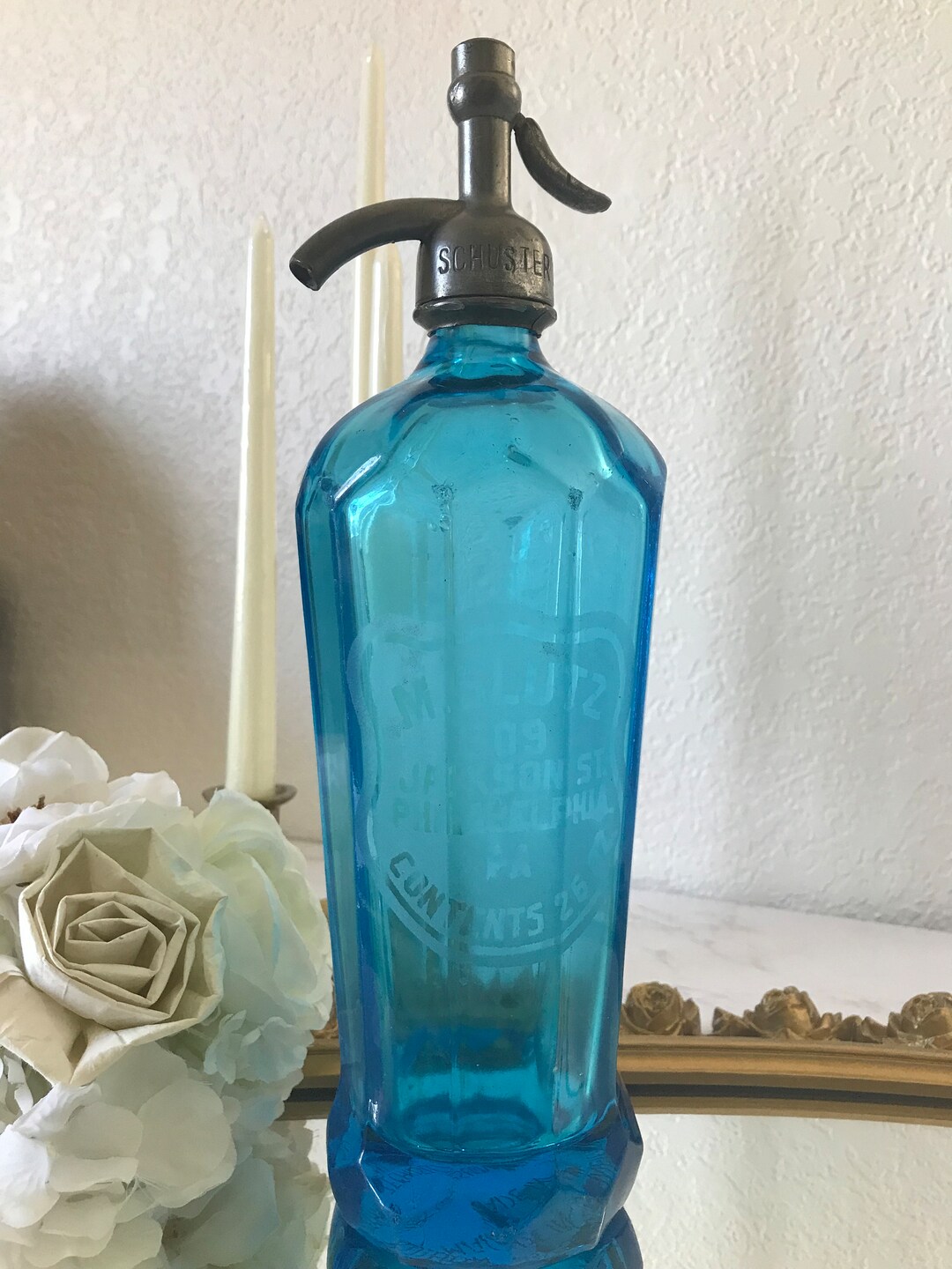 Vintage APC 1935 Schusters Philadelphia Blue Faceted Seltzer Bottle