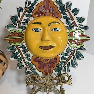 Art populaire mexicain vintage, poterie peinte à la main, art mural soleil, poterie en terre cuite colorée du Mexique vintage peinte à la main, poterie d&#39;art