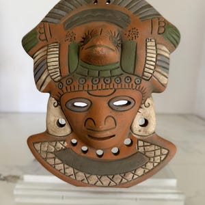 Vintage terracotta wall mask, hand-painted red clay pottery face, artisan Mexico wall decor in Mayan-style design image 10
