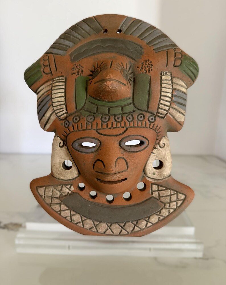 Vintage terracotta wall mask, hand-painted red clay pottery face, artisan Mexico wall decor in Mayan-style design image 10