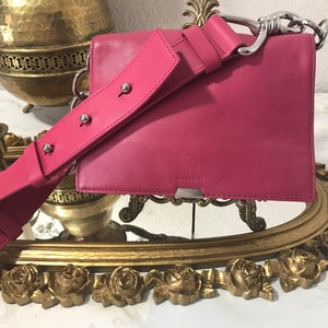 All Saints pink Captain Flap crossbody purse, All Saints Fuschia leather purse, All Saints vibrant pink leather Captain Flap handbag purse