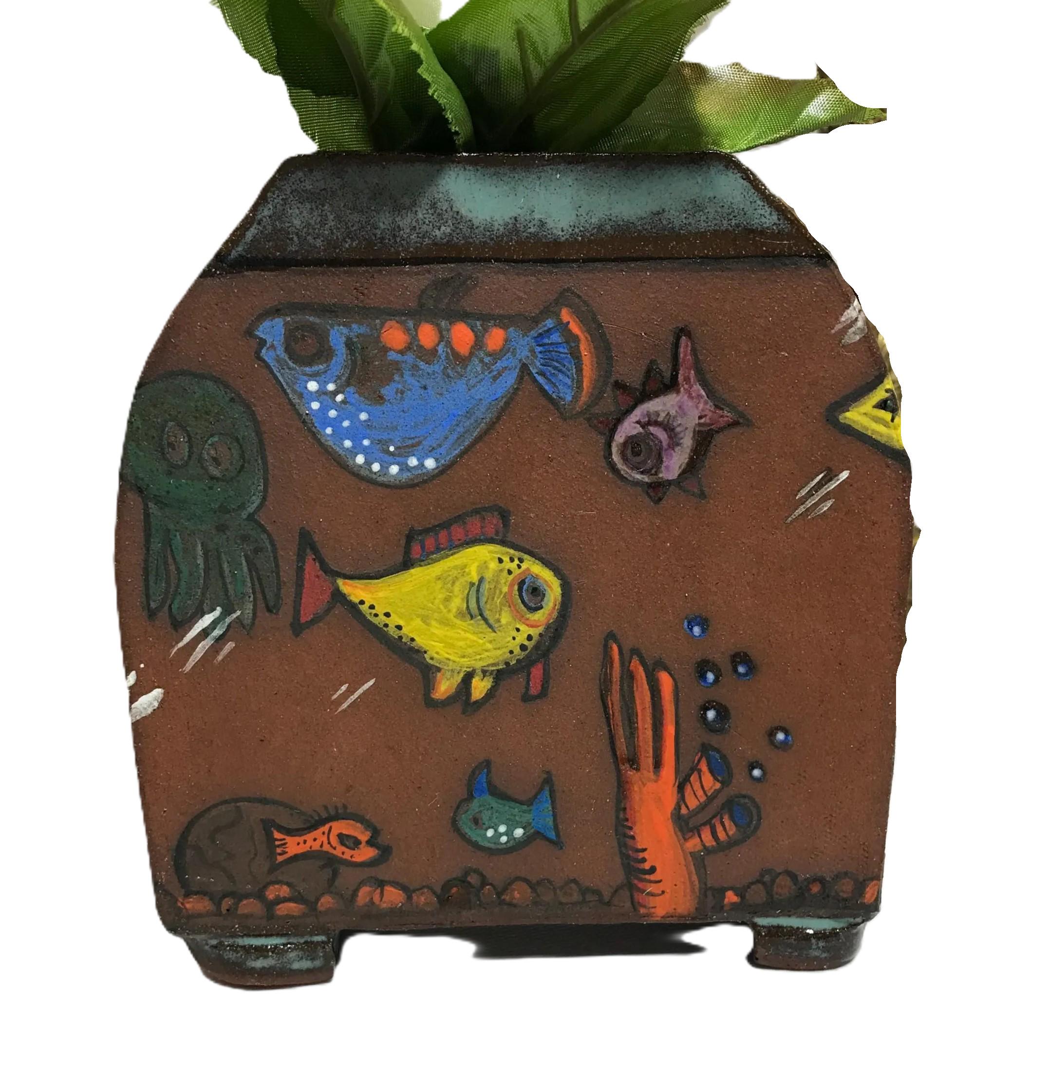 ヴィンテージスタジオの手描き陶器、海底花瓶、サイン入り、アン