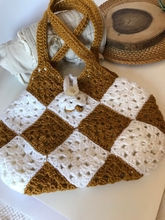 Vintage woven knit crochet purse, handbag, tote c… - image 1