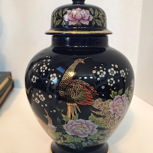 Vintage Pfau Ingwer Glas, japanisches blaues Ingwer Glas, Vögel und Blumen Ingwer Glas, Pfau Chinoiserie Vase, Chinoiserie Ingwer Glas