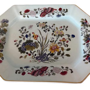 Calyx Ware Ming Jade English Ironstone oval platter 12" green with botanicals, birds and butterfly pattern