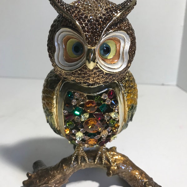 Rucinni large Swarovski crystal jeweled enamel owl trinket box 5.75x4.5", Rucinni Trinket Box, Rucinni vintage trinket box