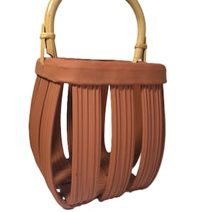 Parmentier Pottery red clay planter, ceramic terracotta woven pottery planter with handle, unique woven terracotta basket with bamboo handle