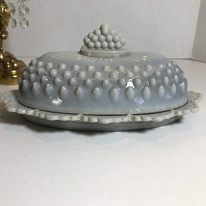 Vintage hobnail glass butter serving dish, Westmoreland hobnail gray slag glass elegant butter keeper