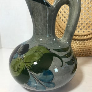 Tonala art pottery pitcher vase hand painted florals, Tonala Mexican art pottery vase pitcher, glazed and hand painted Tonala pottery