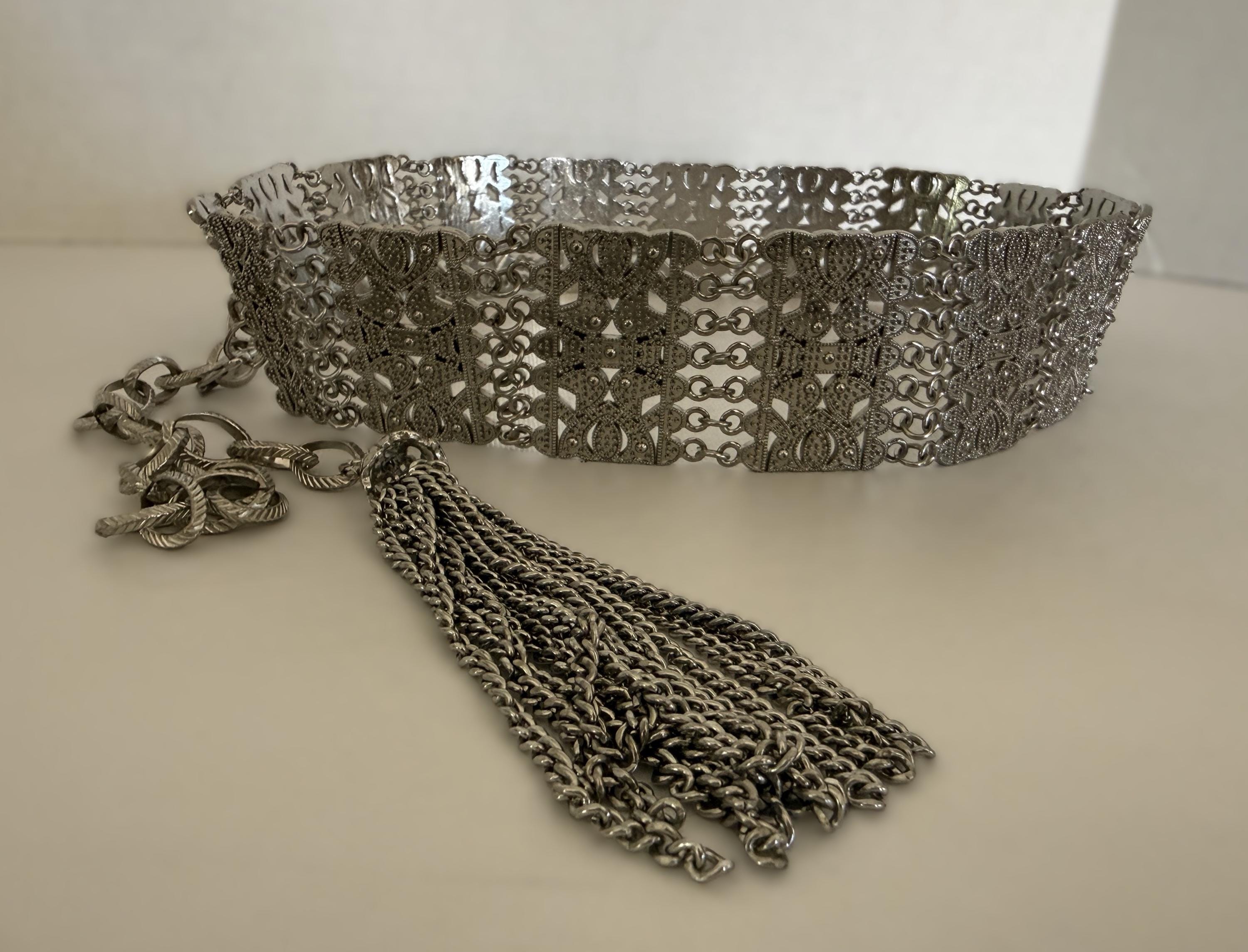 Vintage Silver Tone Chain Floral Tassel Belt Authentic vintage Valentino gray silk cord stunning belt  main image 4