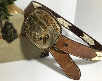 Rhinestone Western Leather Belt Size M Nocona Horseshoe  display picture 2