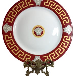 Vintage porcelain red Greek key and Medusa 10.75" plate, Vintage Tirschenreuth Bavaria German Design SMCS red Versace style porcelain plate