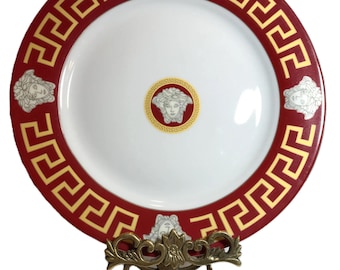 Plato vintage de porcelana roja de 27,3 cm (10,75") con diseño de llave griega y Medusa. Plato vintage de porcelana roja estilo Versace de Tirschenreuth, Baviera, diseño alemán SMCS.