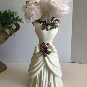 Vintage ceramic white dress vase, White vase in shape of dress with applied flowers, elegant white vase, unique Victorian style white vase