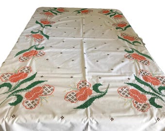 Vintage 1960s embroidered novelty tablecloth 50x66", Vintage white embroidered cross stitch floral tablecloth, Retro tablecloth