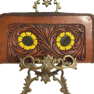 Vintage tooled leather wallet, Mexico style tooled leather hand painted wallet, Boho leather wallet, sunflower tooled leather zip up wallet