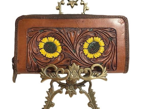 Vintage tooled leather wallet, Mexico style tooled leather hand painted wallet, Boho leather wallet, sunflower tooled leather zip up wallet