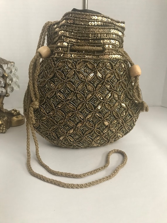Vintage gold beaded handbag purse, Small evening b