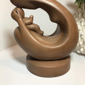 Vintage Mid Century ceramic mother and child modern statue, Vintage brown ceramic curved shaped mother child sculpture, mother child statue