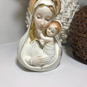 Vintage Madonna and Child ceramic planter, Vtg Madonna and child elegant planter, Vtg painted ceramic Christmas Madonna and child decor
