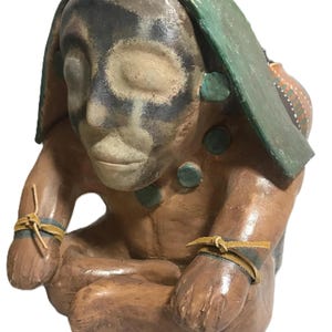 Vintage hand-painted terracotta warrior planter, figural red clay pottery statue, rustic Mexican-style pottery planter