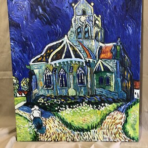 May include: A painting of a church with a tall steeple and a rounded roof. The church is painted in shades of blue, green, and yellow, with a starry night sky in the background.